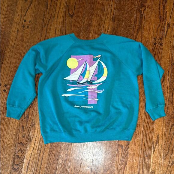 Hanes women’s large teal vintage Crewneck Sweater San Francisco sailing crew - Picture 1 of 4
